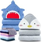 Cute Castle 2 Pack Bamboo Hooded Baby Towel 8 Washcloths - Soft Bath Towel for Bathtub for Newborn, Infant - Ultra Absorbent, Natural Baby Stuff for Boy and Girl (Lovely Elephant, Happy Bird)